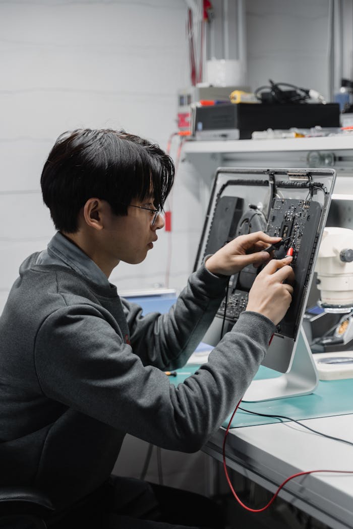 portfolio-05 A skilled technician diagnosing and repairing computer hardware indoors.